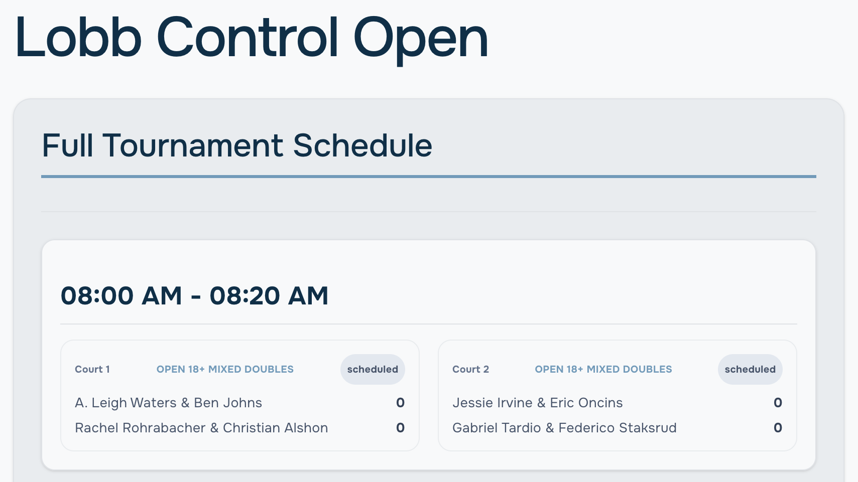 Lobb Control automated court scheduling screen displaying match timings and court assignments