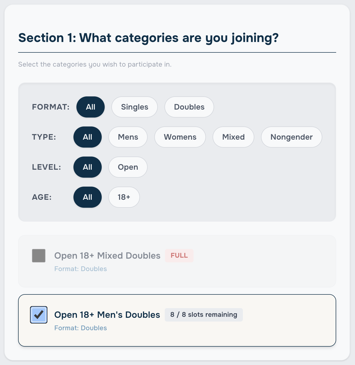Lobb Control player registration portal mockup displaying tournament registration form